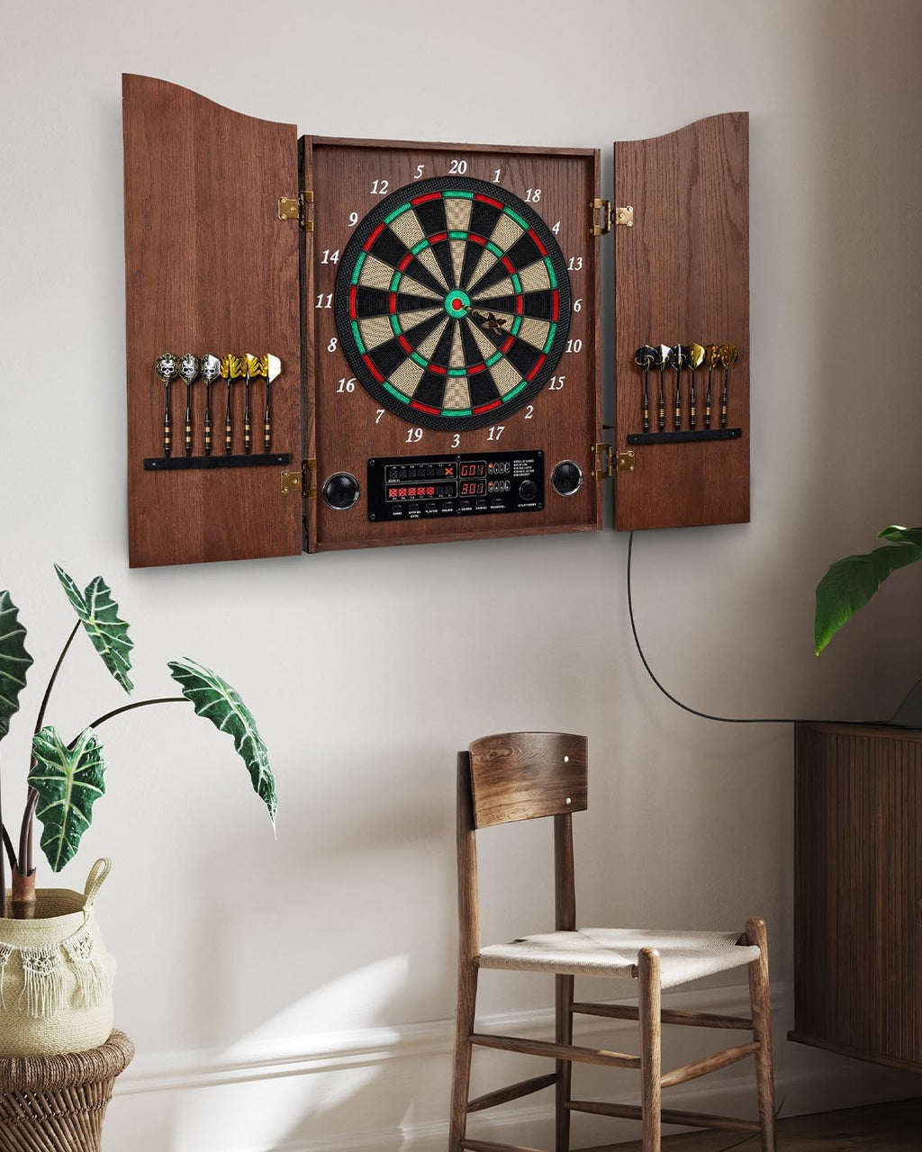Electronic Soft Tip Dart Board Cabinet Set Coffee
