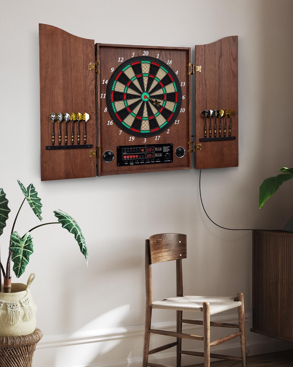 Electronic Soft Tip Dart Board Cabinet Set Coffee
