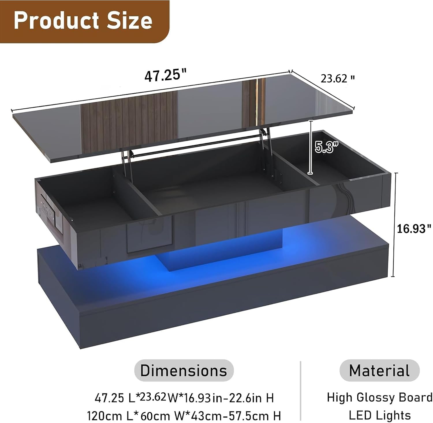 47.2 Inch LED Lift Top Coffee Table Black