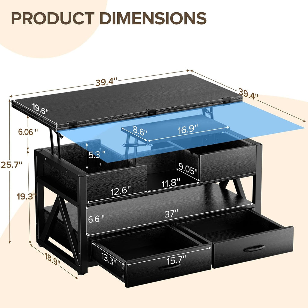 40 Inch Lift Top Coffee Table Black