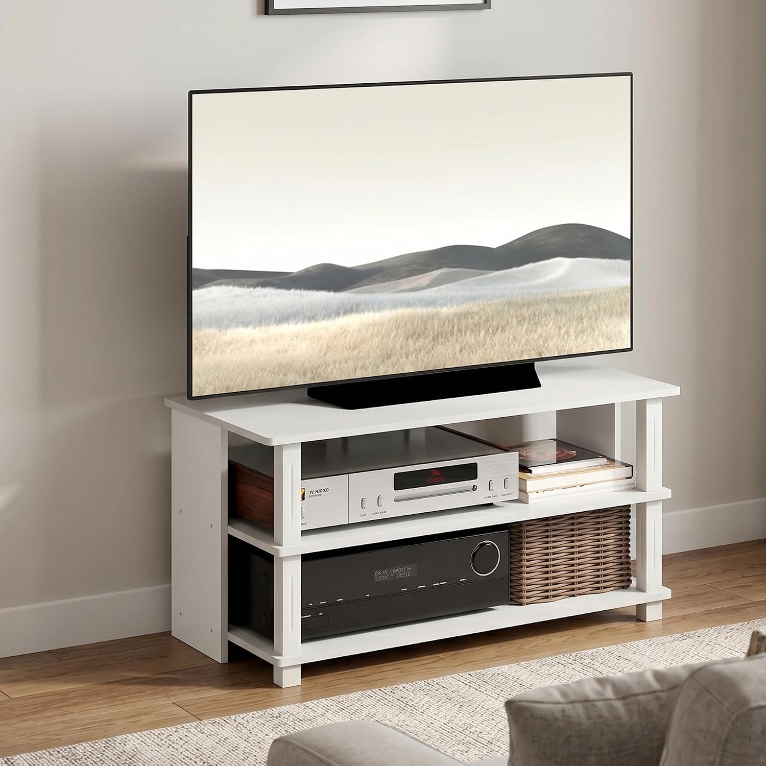 3-Tier Open Shelf TV Stand White Oak