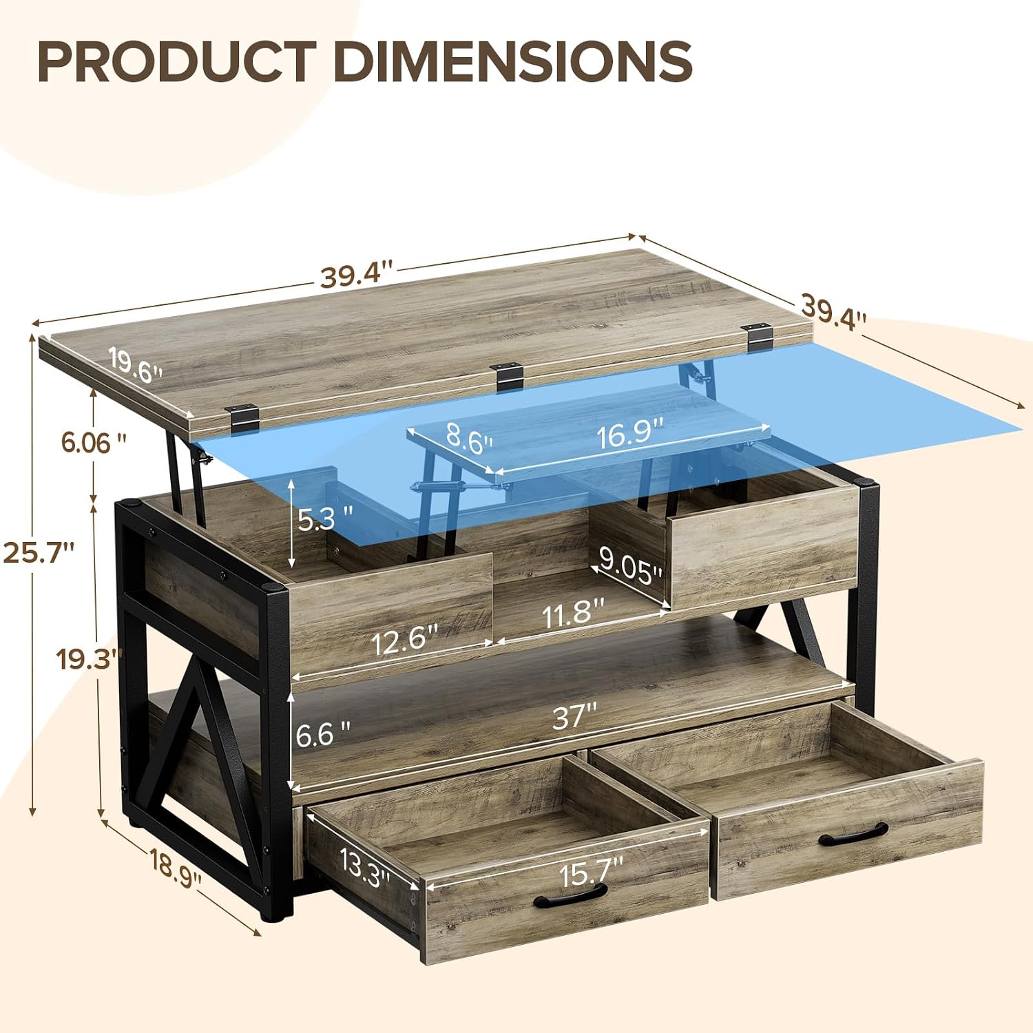40 Inch Lift Top Coffee Table Grey