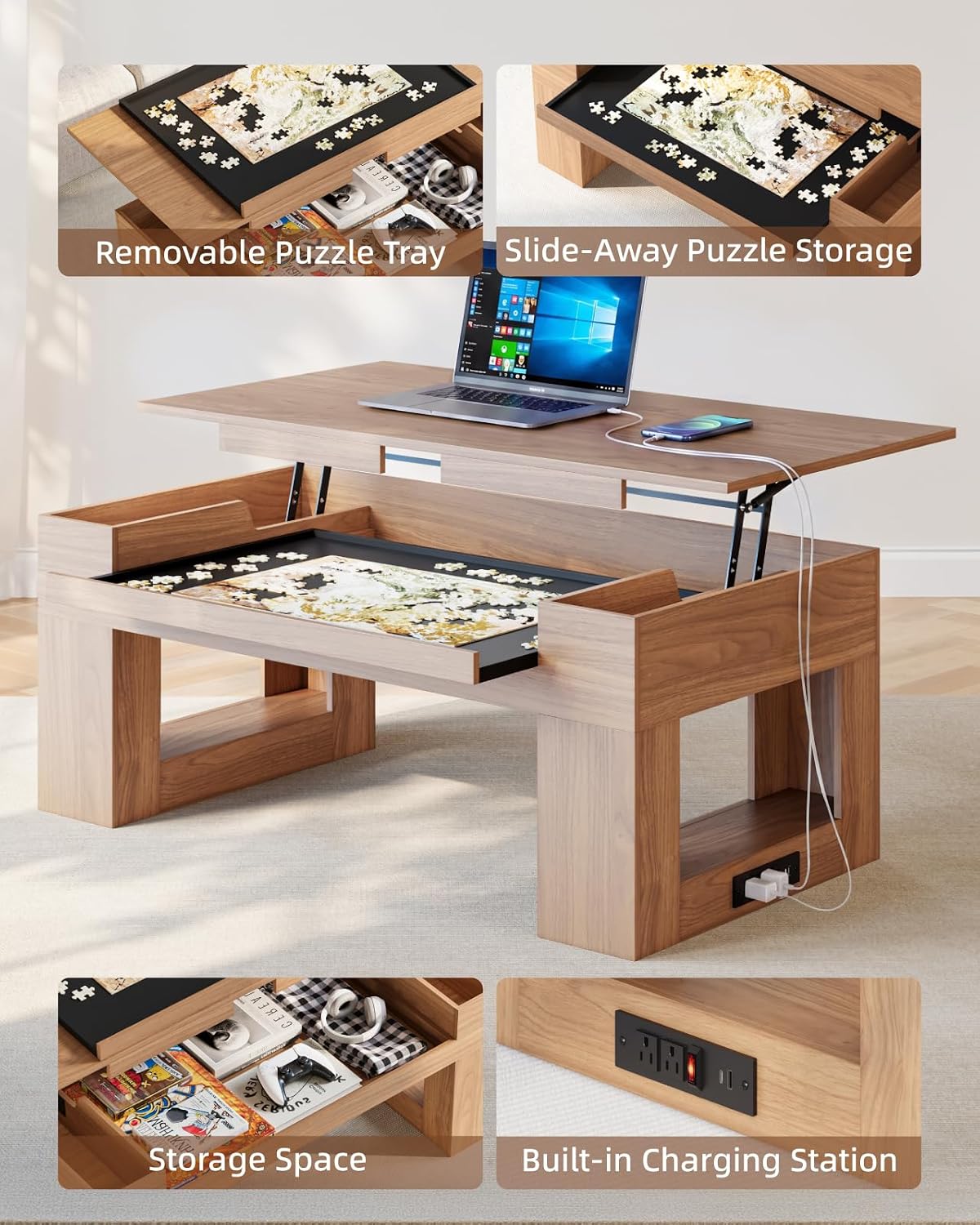 Lift Top Coffee Table With Puzzle Tray Brown