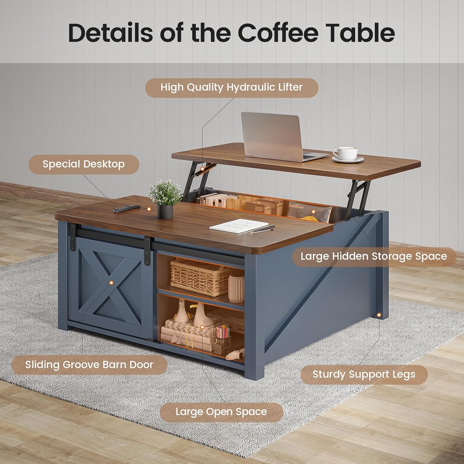 Square Lift Top Coffee Table Blue