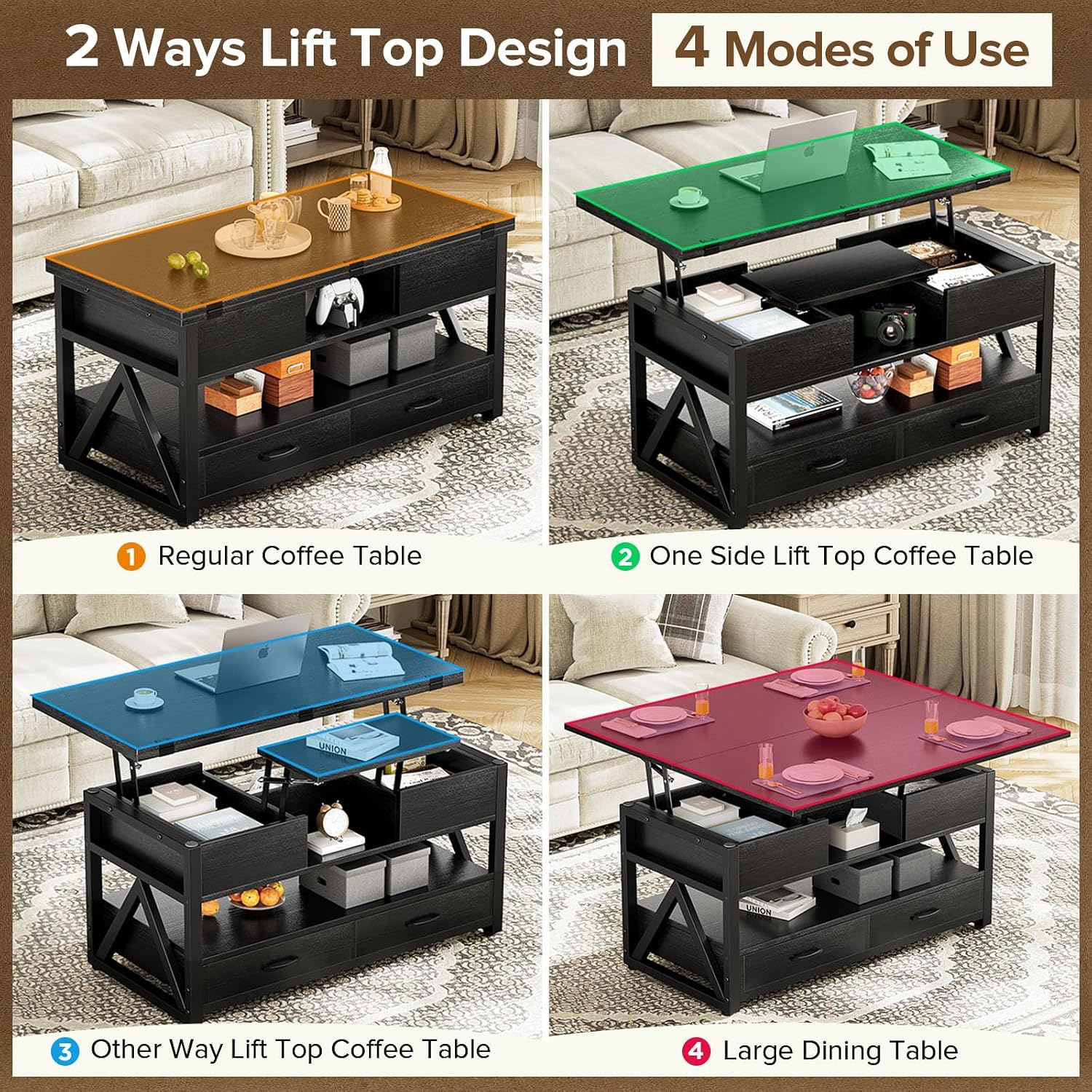 40 Inch Lift Top Coffee Table Black