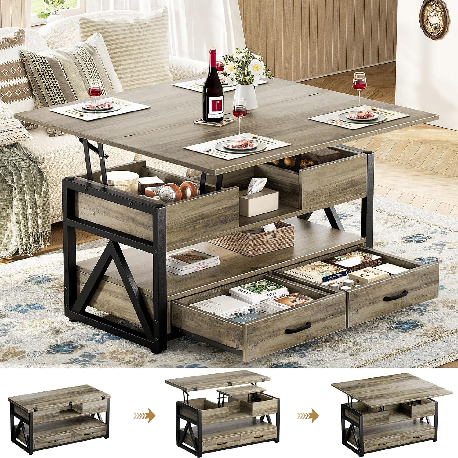 40 Inch Lift Top Coffee Table Grey