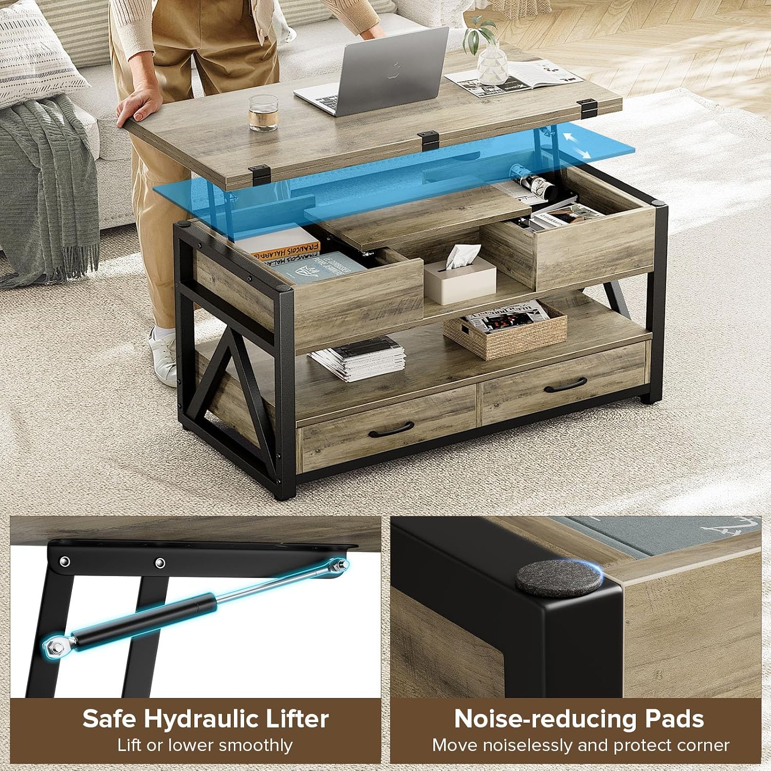 40 Inch Lift Top Coffee Table Grey