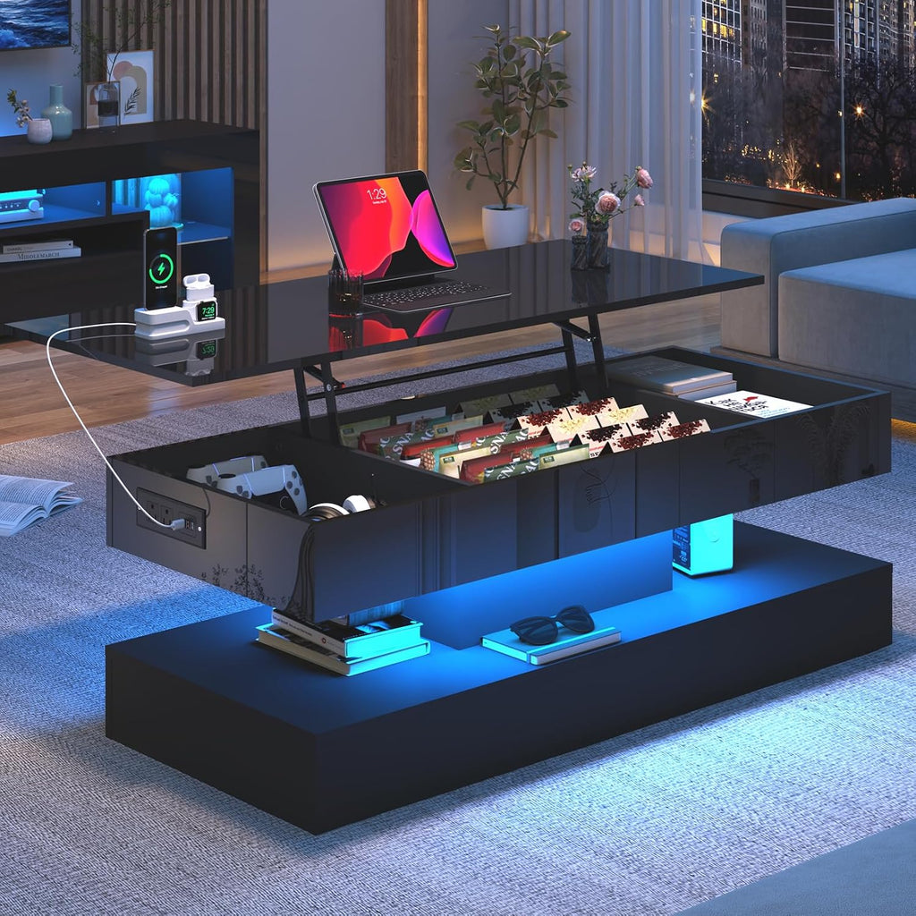 47.2 Inch LED Lift Top Coffee Table Black