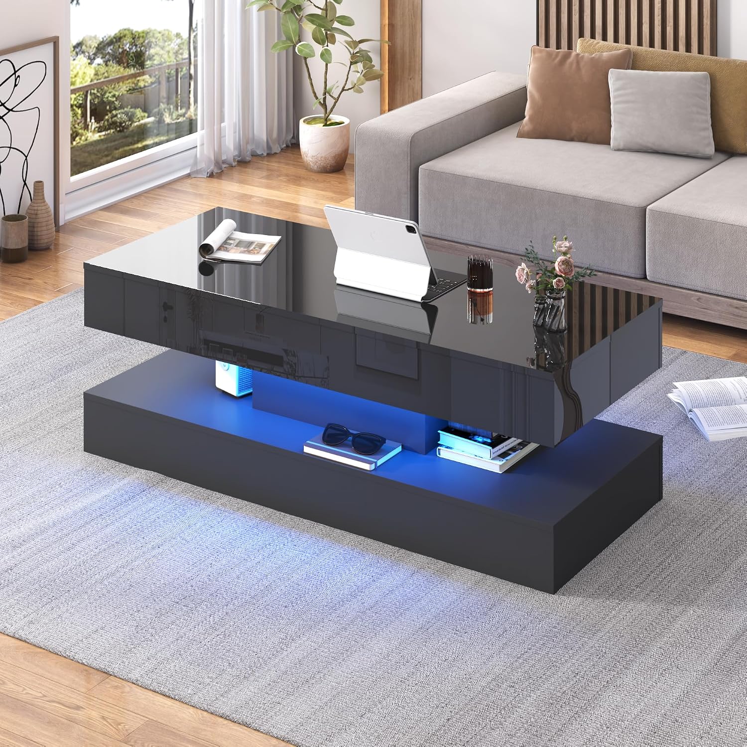47.2 Inch LED Lift Top Coffee Table Black