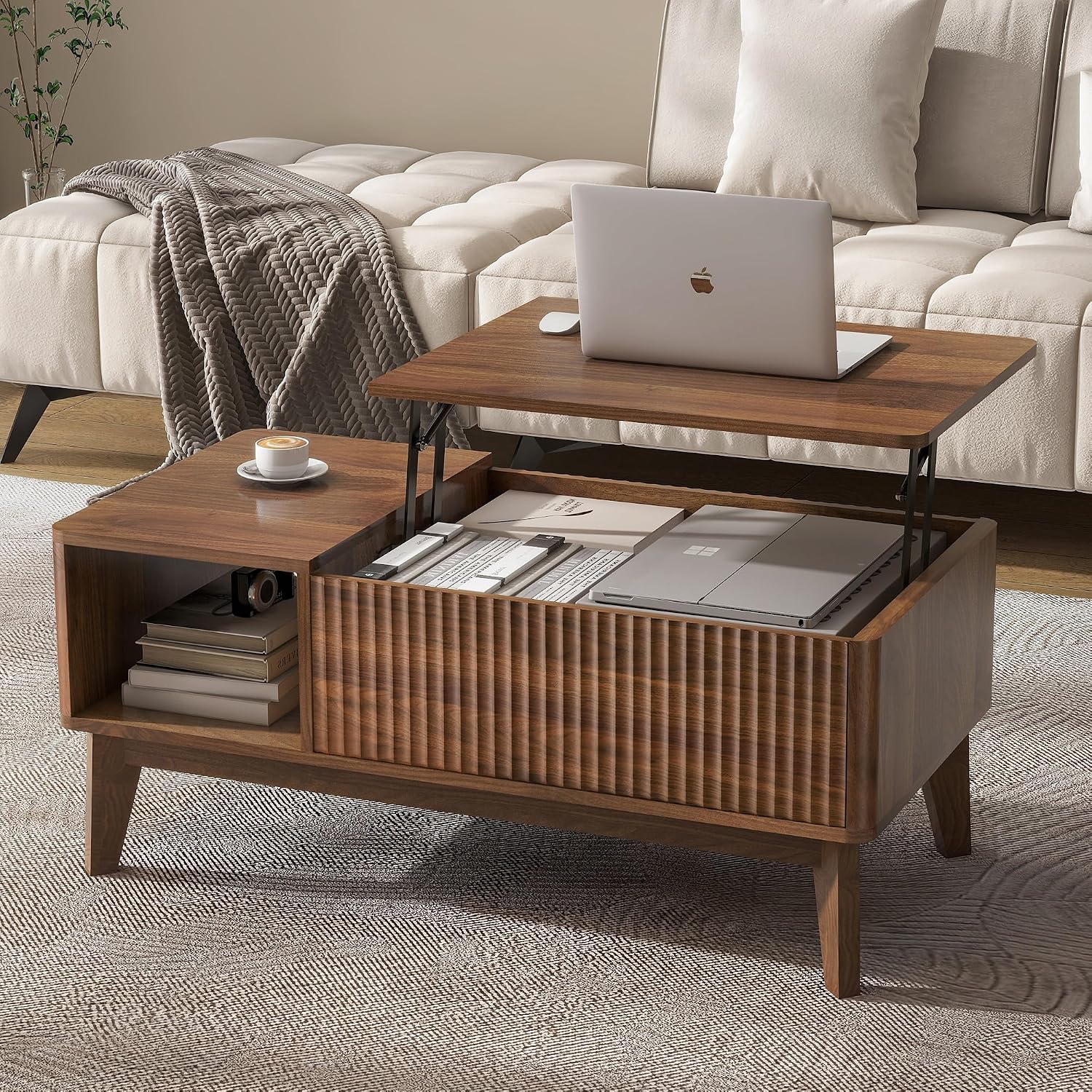 Fluted Lift Top Coffee Table Walnut