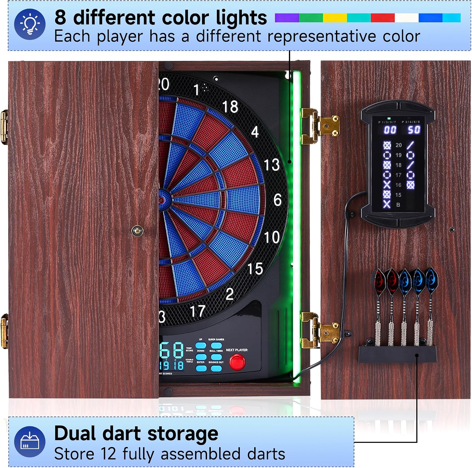 Soft Tip Dart Board Cabinet Set With Light Strips