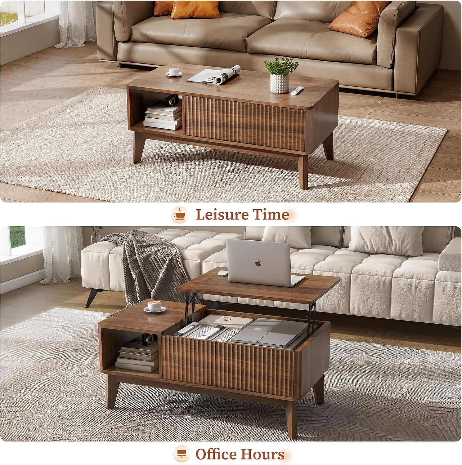 Fluted Lift Top Coffee Table Walnut