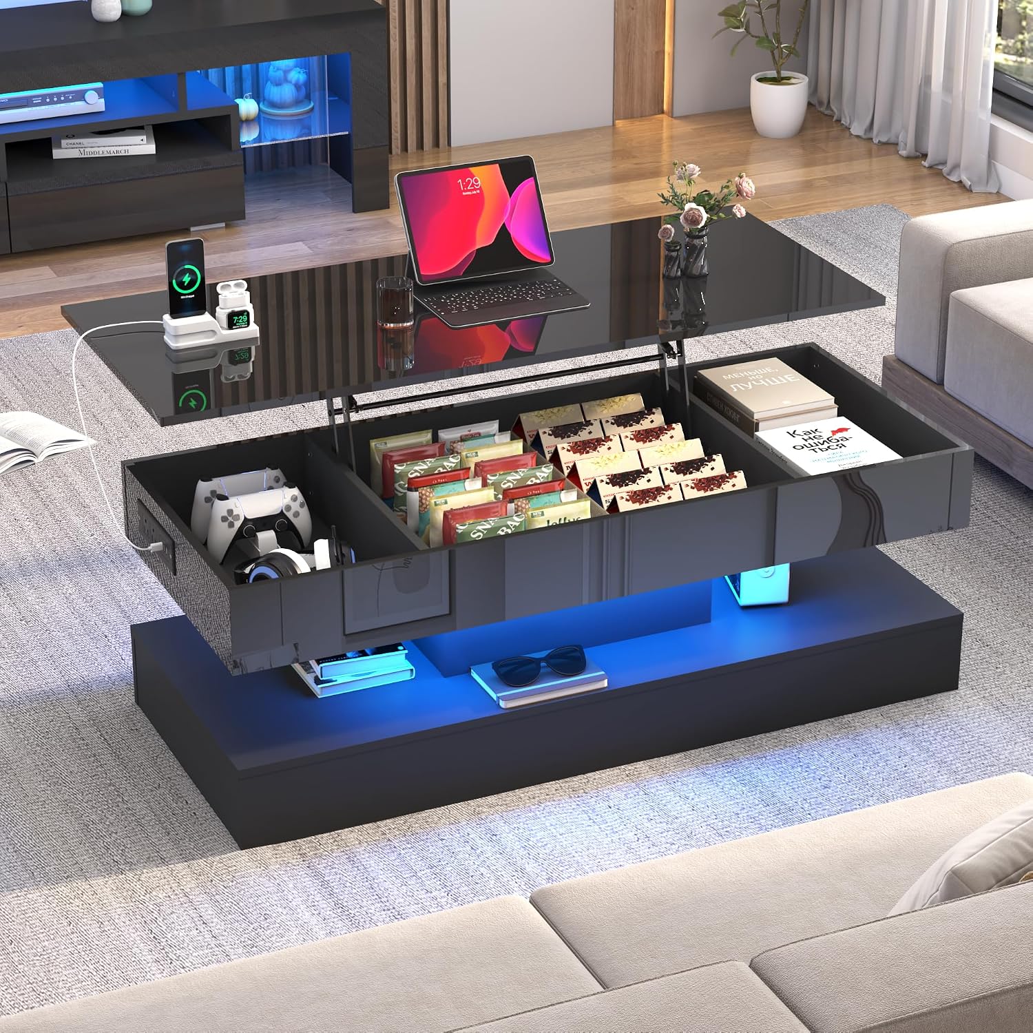 47.2 Inch LED Lift Top Coffee Table Black